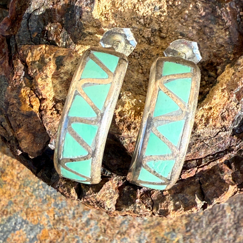 Minty Green Turquoise Inlay Hoop Earrings Lucy Yatsattie Zuni earrings