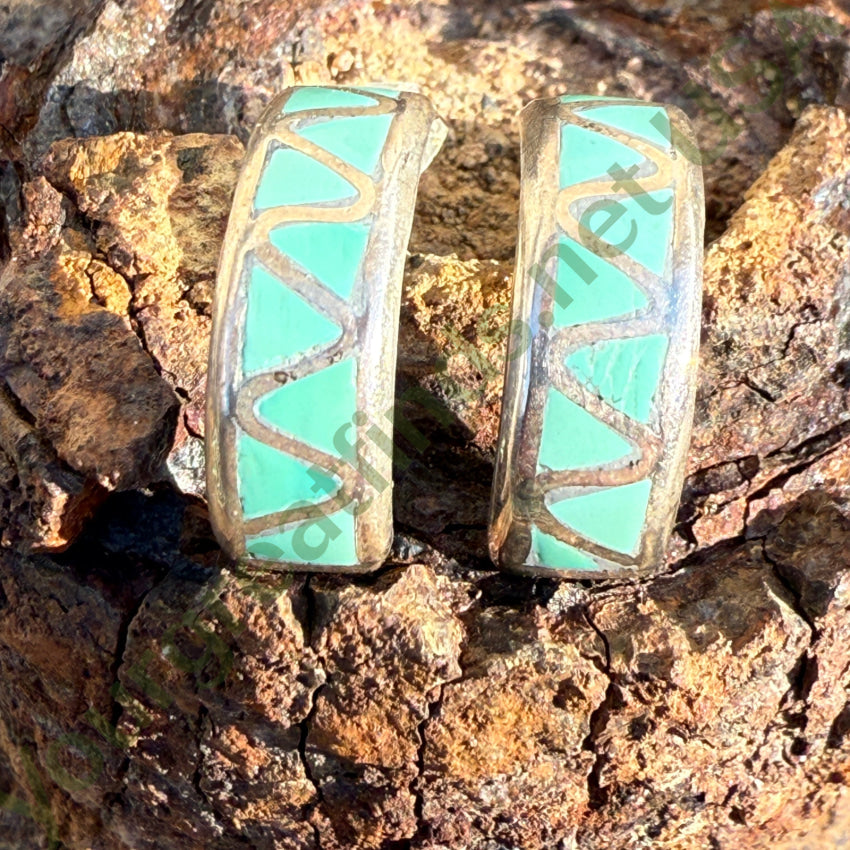 Minty Green Turquoise Inlay Hoop Earrings Lucy Yatsattie Zuni earrings