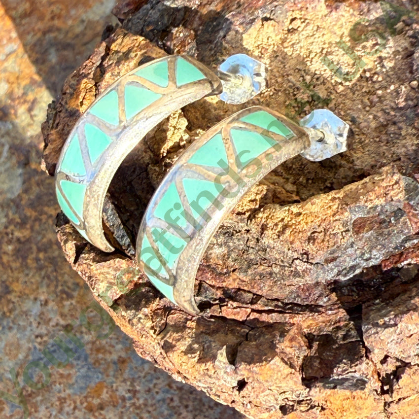 Minty Green Turquoise Inlay Hoop Earrings Lucy Yatsattie Zuni earrings