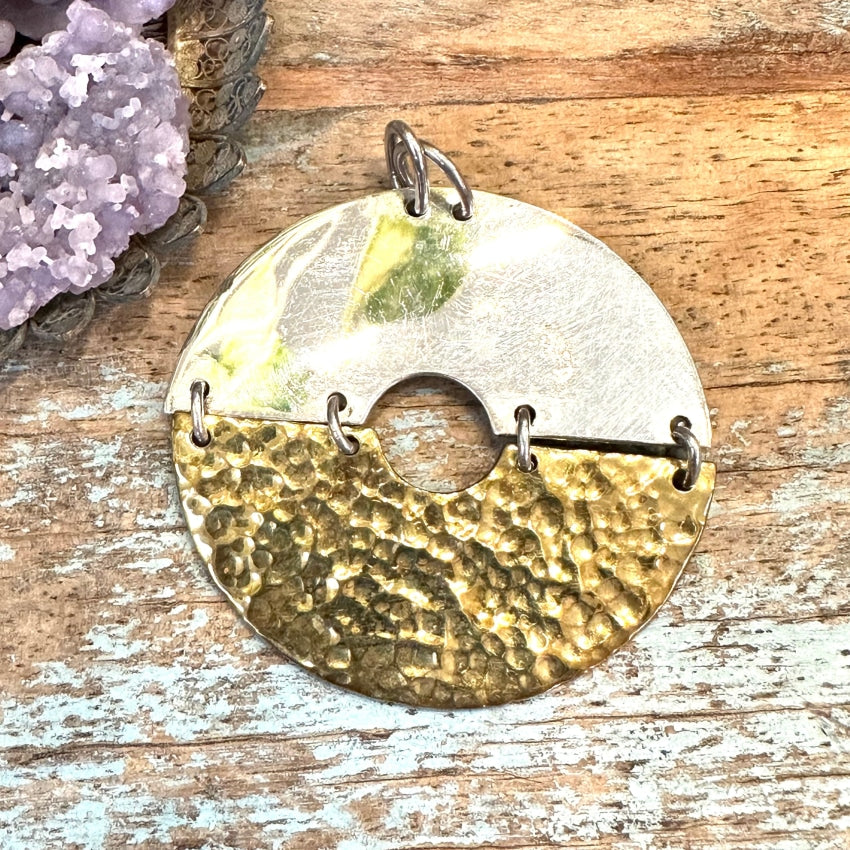 Modernist Sterling Silver Hammered Brass Pendant Mexico