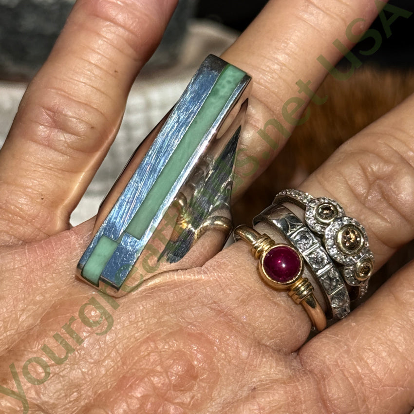 Mosernist Sterling Silver Mint Green Turquoise INaly Long Ring Size 9 1/8 ring