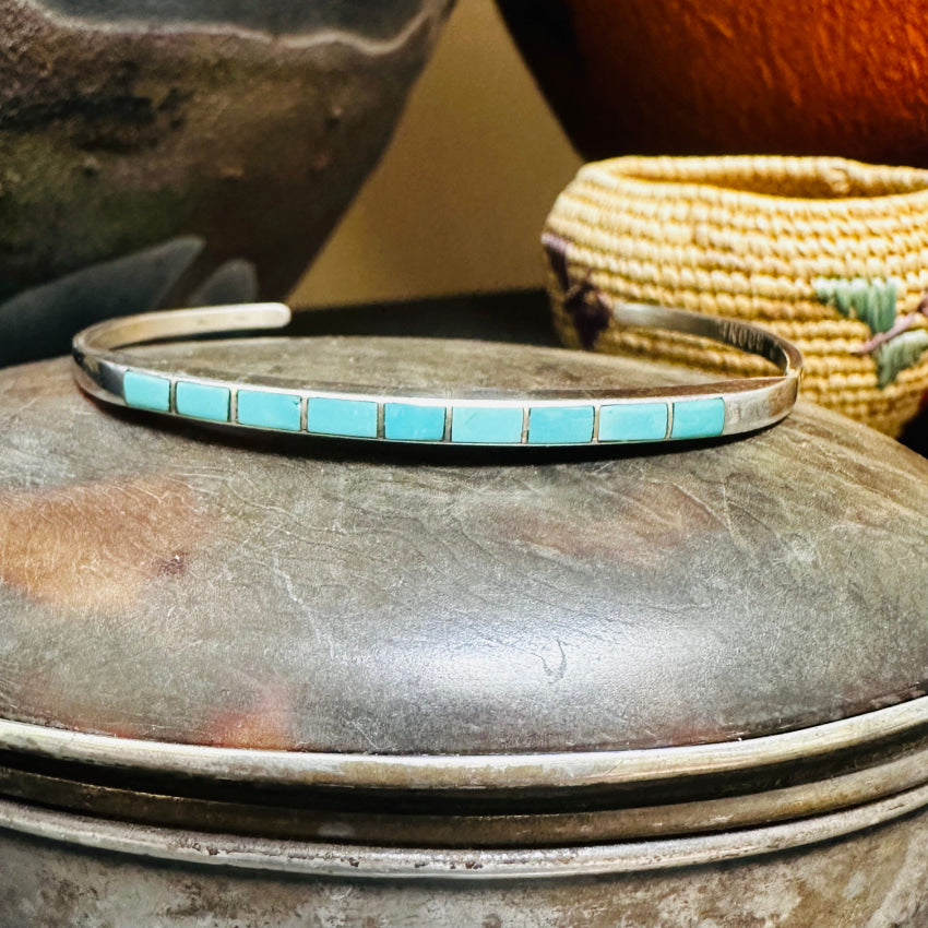 Narrow Sterling Silver Inlay Turquoise Cuff Bracelet P. Boone Zuni Bracelet