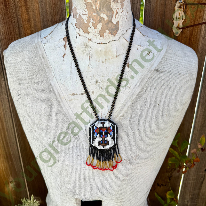 Native American Seed Bead & Leather Thunderbird Necklace Necklace