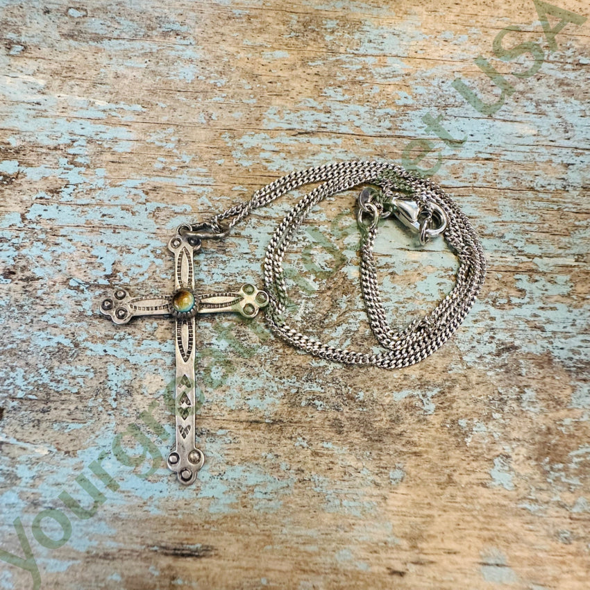 Navajo Bell Trading Post Turquoise Sterling Cross Necklace