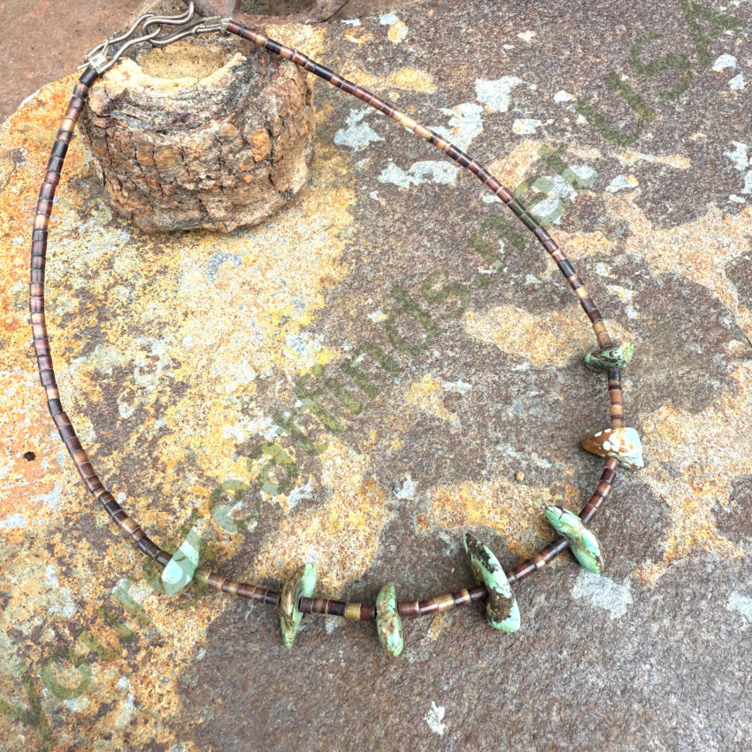 Navajo Choker Necklace Brown Heishi & Turquoise Nuggets choker necklace