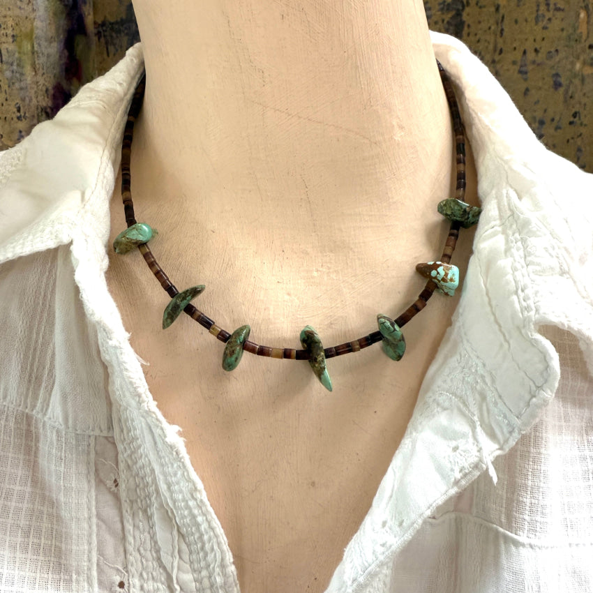 Navajo Choker Necklace Brown Heishi & Turquoise Nuggets choker necklace