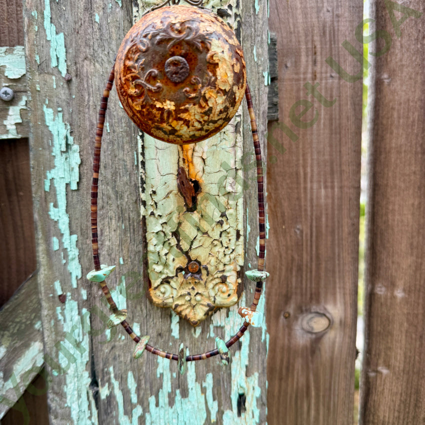 Navajo Choker Necklace Brown Heishi & Turquoise Nuggets choker necklace