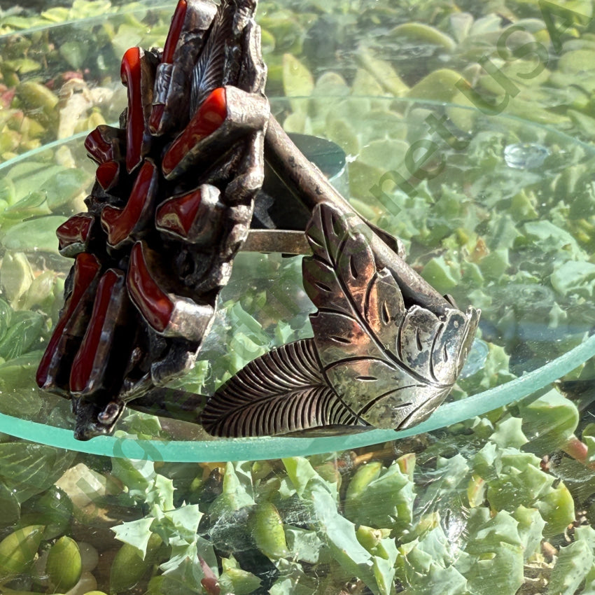 Navajo Coral Cluster Bracelet Sterling Silver 1970s bracelet