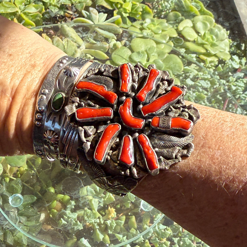 Navajo Coral Cluster Bracelet Sterling Silver 1970s bracelet