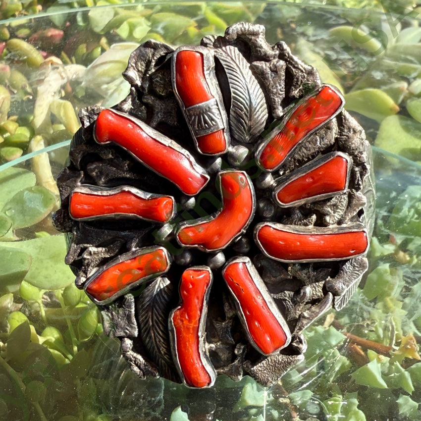 Navajo Coral Cluster Bracelet Sterling Silver 1970s bracelet