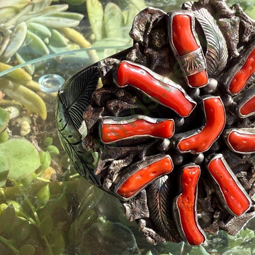 Navajo Coral Cluster Bracelet Sterling Silver 1970s bracelet