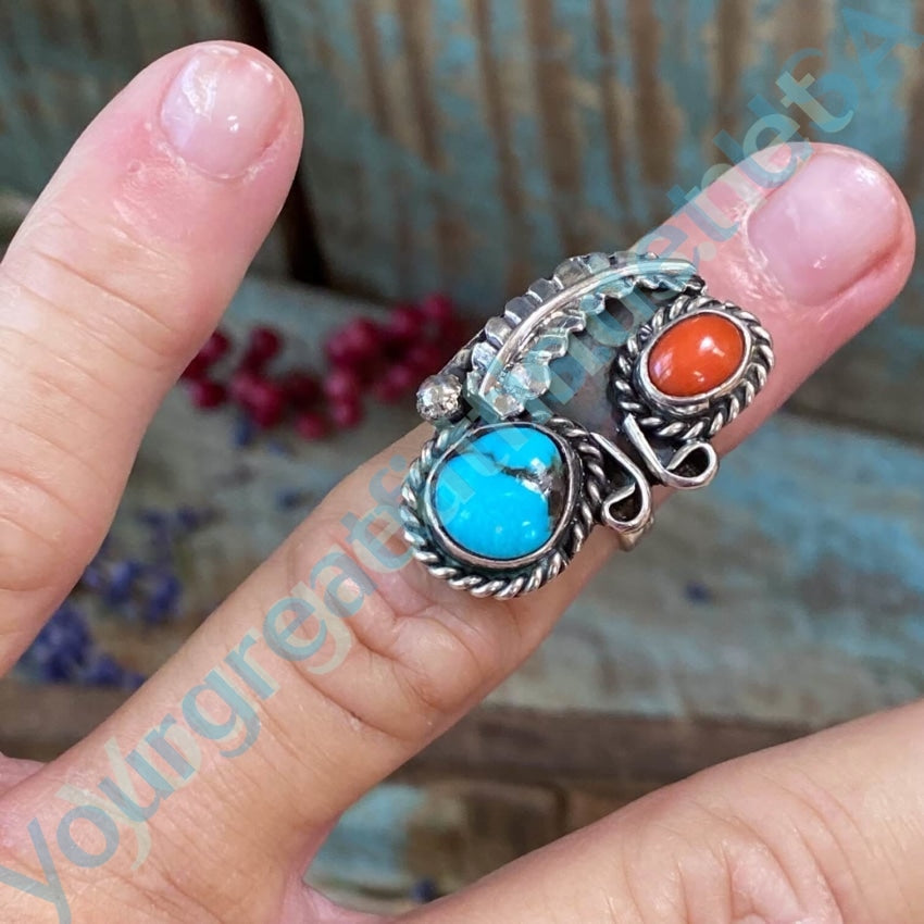 Navajo Double Stone Turquoise Ring Sterling Silver Size 5 Yourgreatfinds