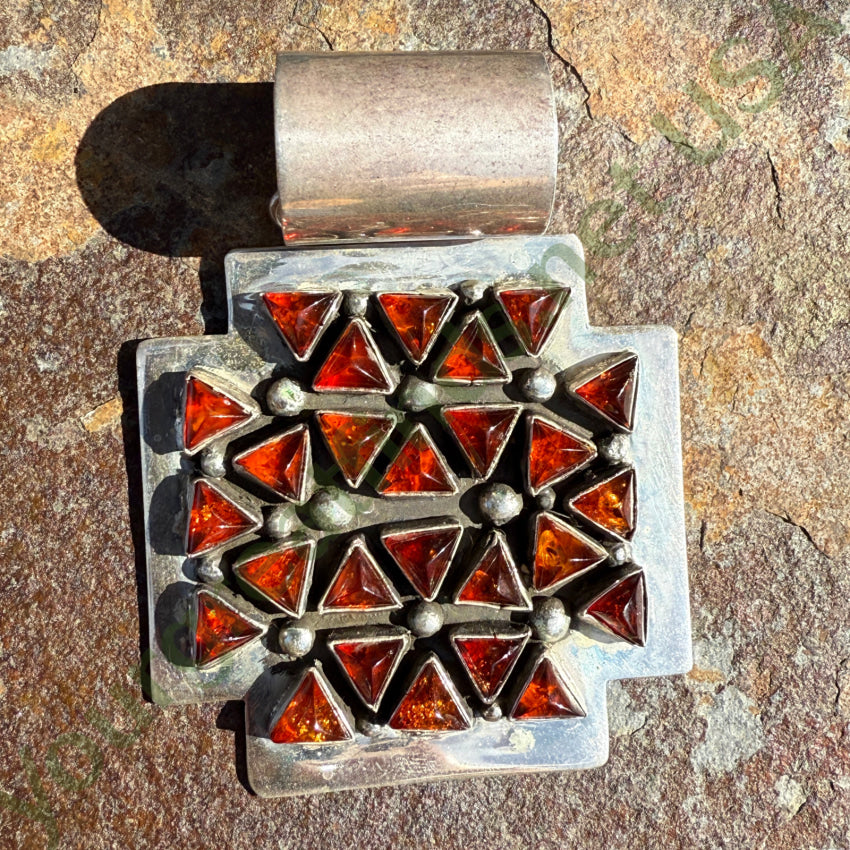Navajo Ella Peter Sterling Silver & Amber Large Cross Enhancer Pendant pendant