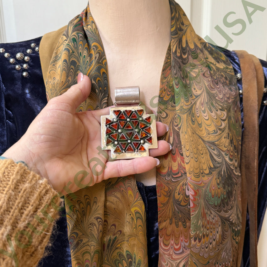 Navajo Ella Peter Sterling Silver & Amber Large Cross Enhancer Pendant pendant