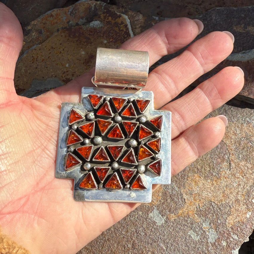 Navajo Ella Peter Sterling Silver & Amber Large Cross Enhancer Pendant pendant