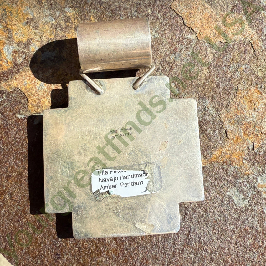 Navajo Ella Peter Sterling Silver & Amber Large Cross Enhancer Pendant pendant