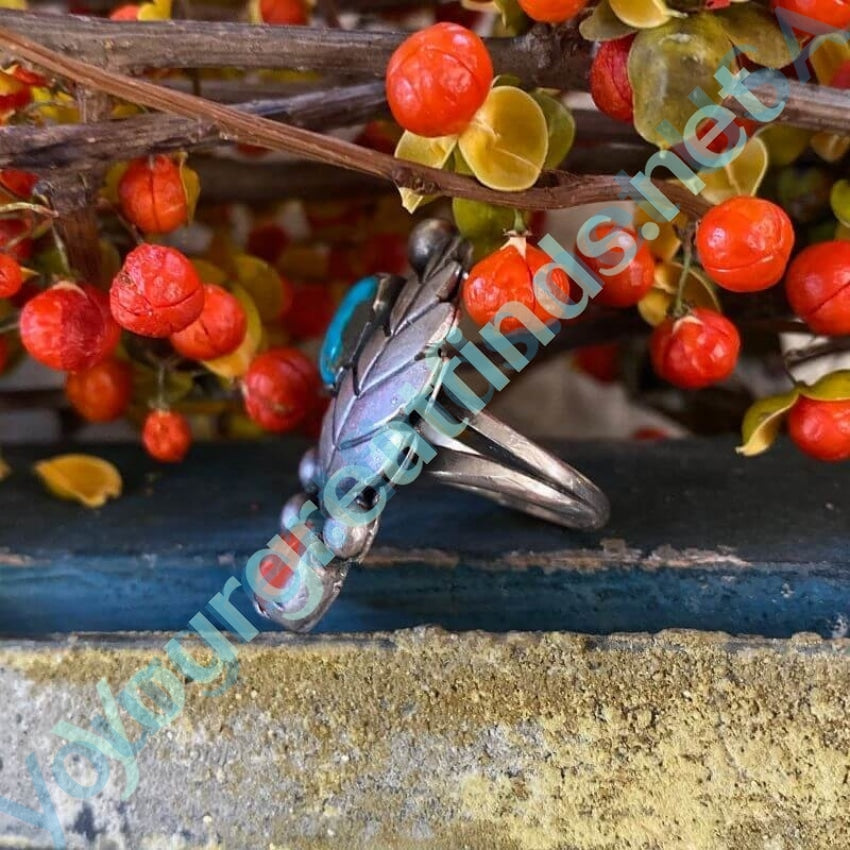 Navajo Feather Ring in Sterling Silver with Turquoise and Coral Size 6.5 Yourgreatfinds