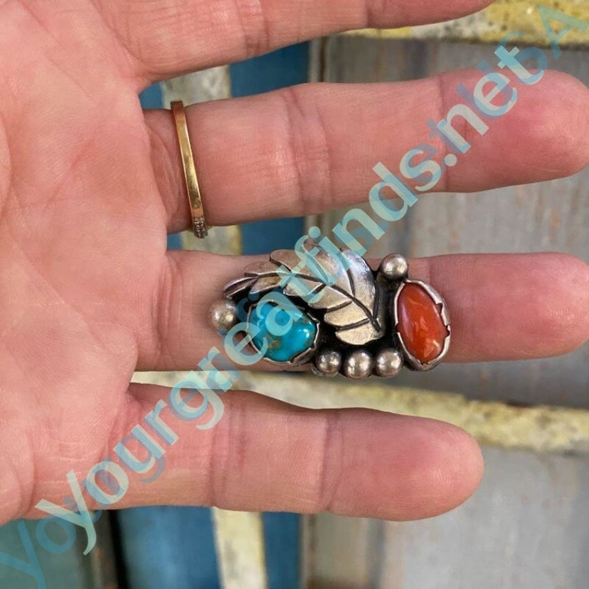 Navajo Feather Ring in Sterling Silver with Turquoise and Coral Size 6.5 Yourgreatfinds