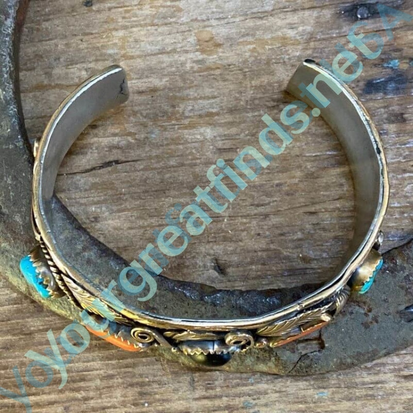 Navajo Gold Over Sterling Silver Appliqué Bracelet with Gemstones Signed Yourgreatfinds