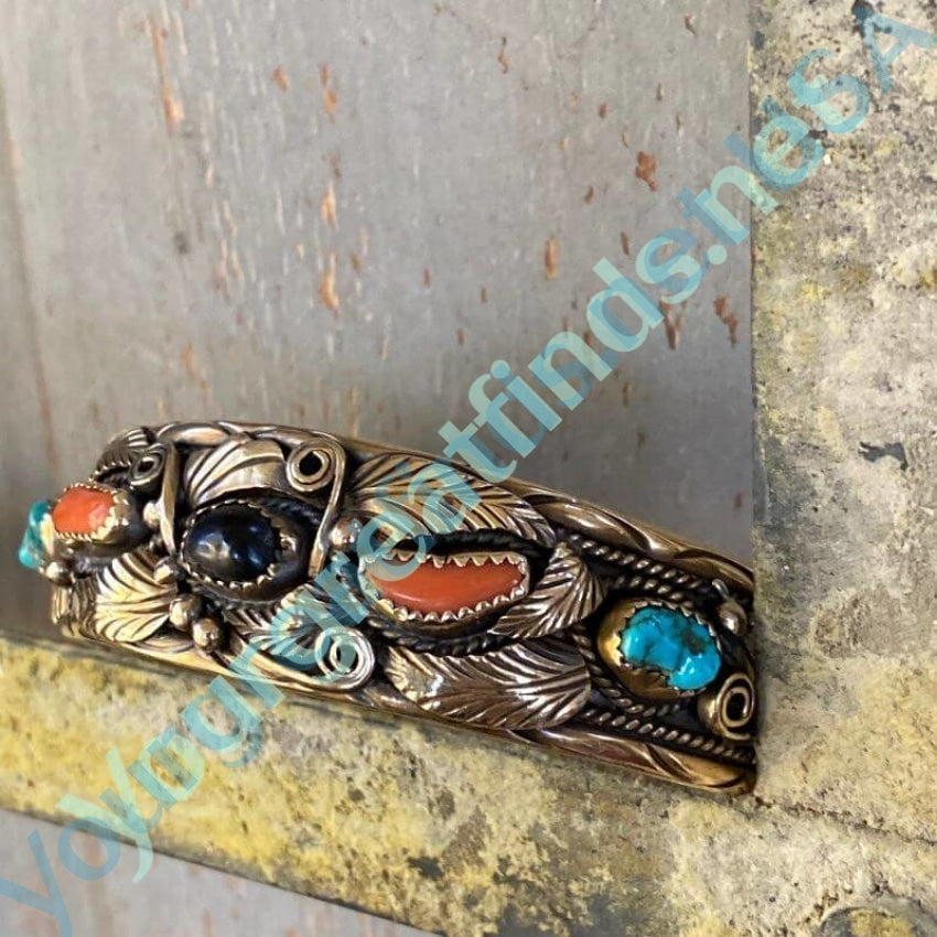 Navajo Gold Over Sterling Silver Appliqué Bracelet with Gemstones Signed Yourgreatfinds