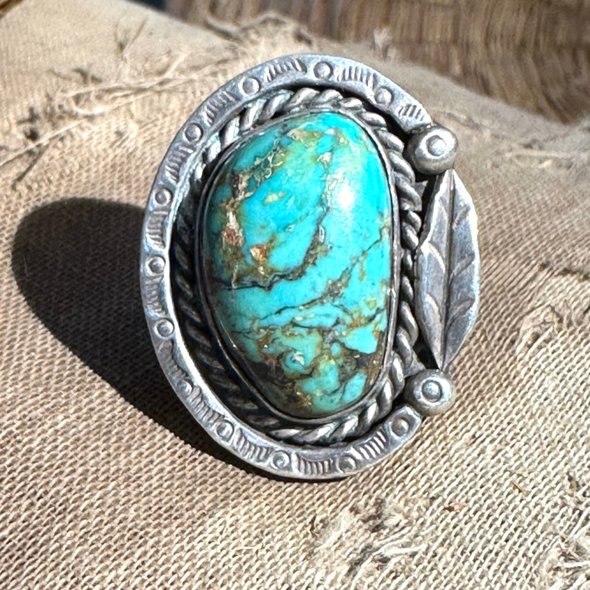 Navajo Hand Wrought Sterling Silver Turquoise One Feather Ring 7 3/4