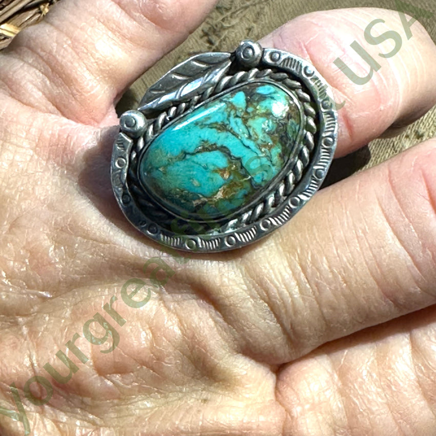 Navajo Hand Wrought Sterling Silver Turquoise One Feather Ring 7 3/4