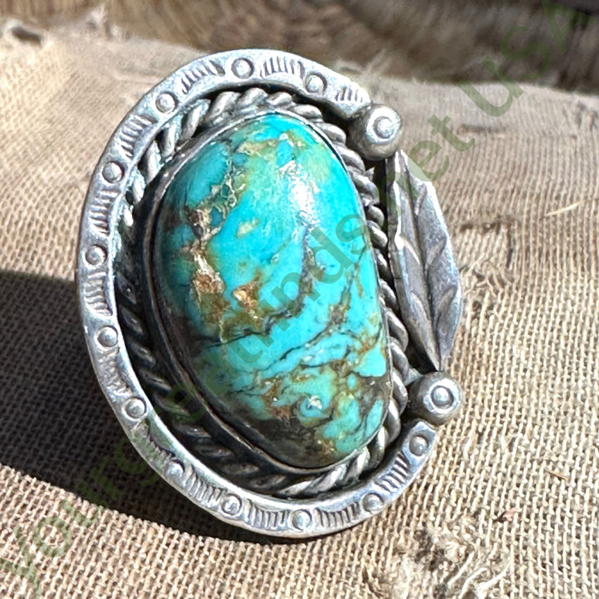 Navajo Hand Wrought Sterling Silver Turquoise One Feather Ring 7 3/4