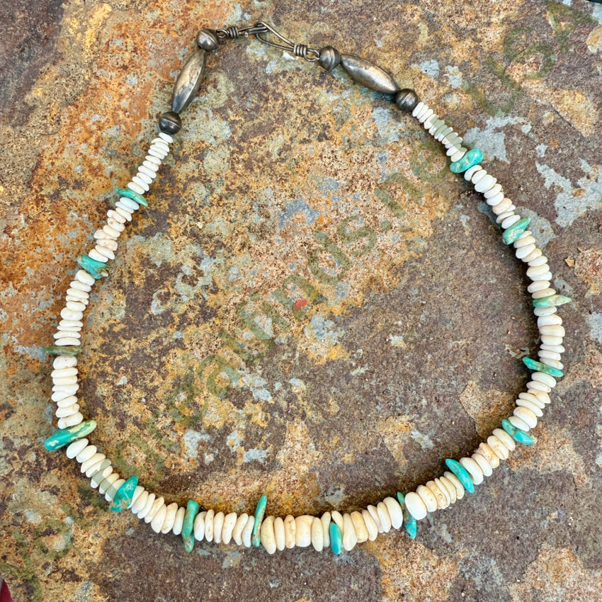 Navajo Made Sterling Silver Hawaiian Puka Shell & Turquoise Necklace necklace