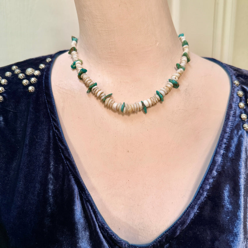 Navajo Made Sterling Silver Hawaiian Puka Shell & Turquoise Necklace necklace