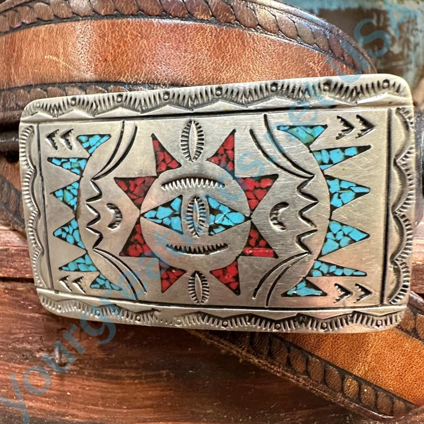 Navajo Nickel Silver Shiprock Mosaic Buckle &amp; Leather Belt