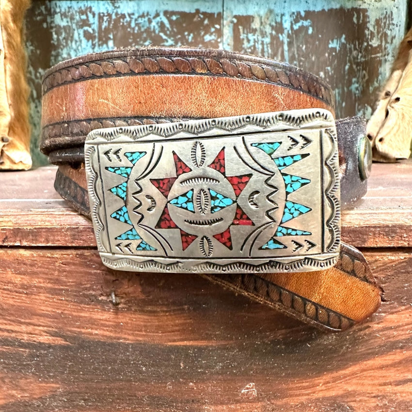 Navajo Nickel Silver Shiprock Mosaic Buckle & Leather Belt