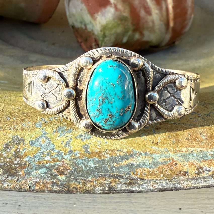 Navajo Old Sterling Silver & Turquoise Cuff Bracelet Fred Harvey Era bracelet