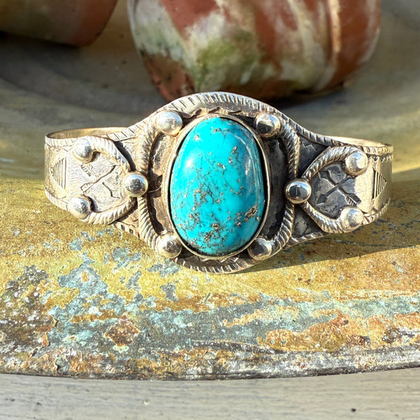 Navajo Old Sterling Silver & Turquoise Cuff Bracelet Fred Harvey