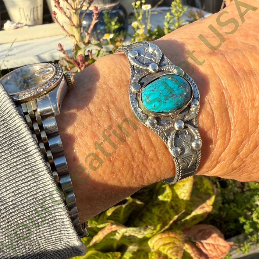 Navajo Old Sterling Silver & Turquoise Cuff Bracelet Fred Harvey Era bracelet