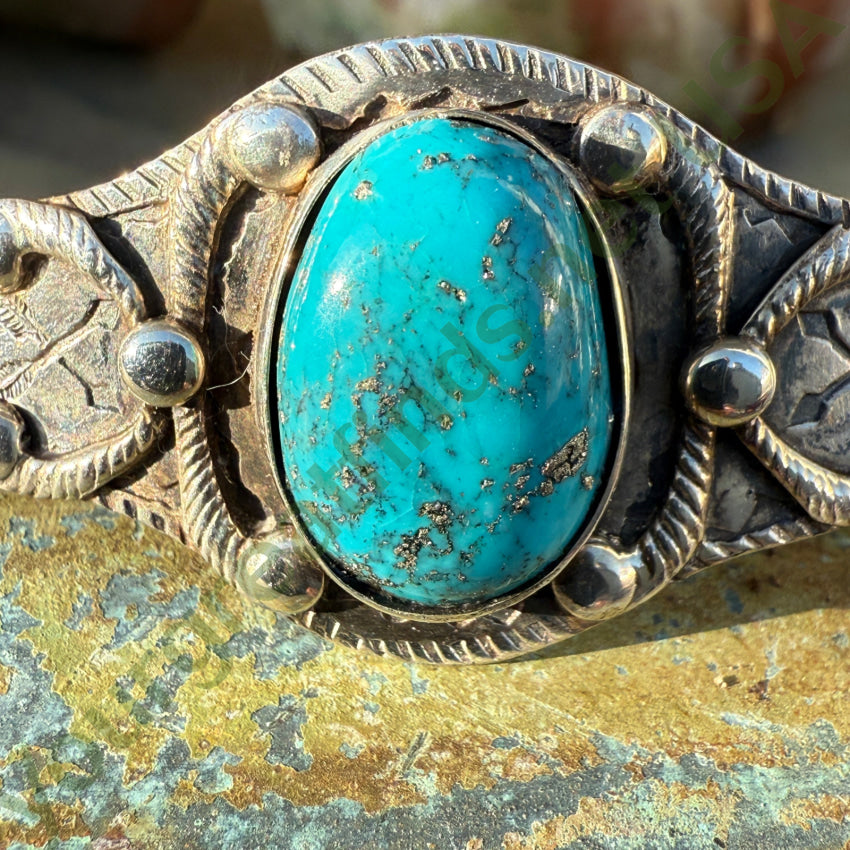 Navajo Old Sterling Silver & Turquoise Cuff Bracelet Fred Harvey Era bracelet