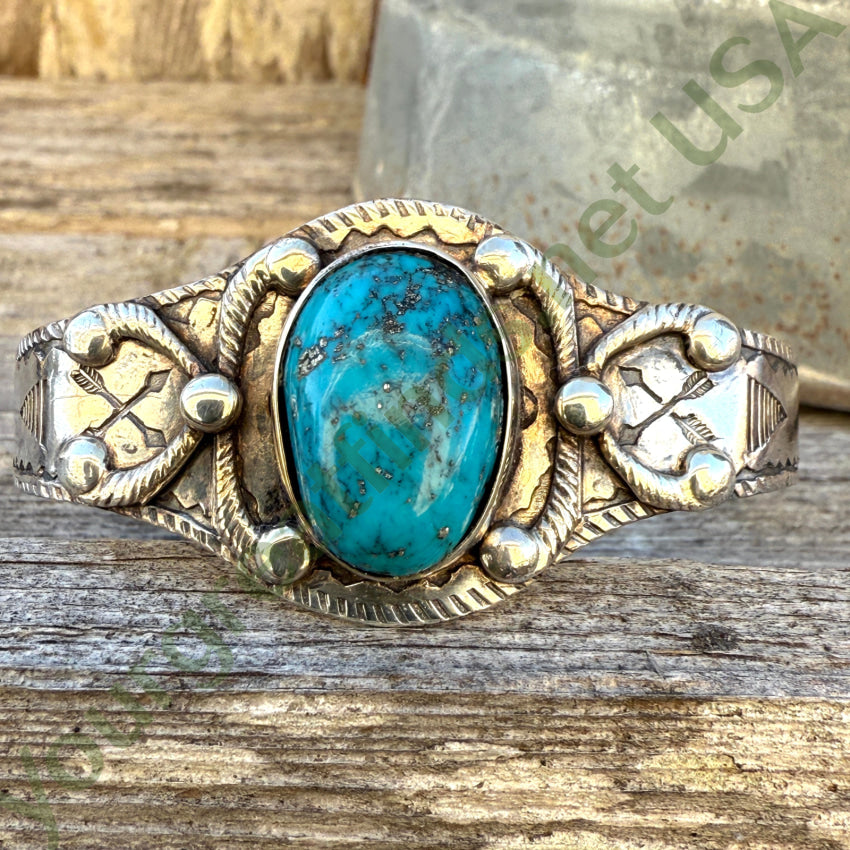 Navajo Old Sterling Silver & Turquoise Cuff Bracelet Fred Harvey Era bracelet