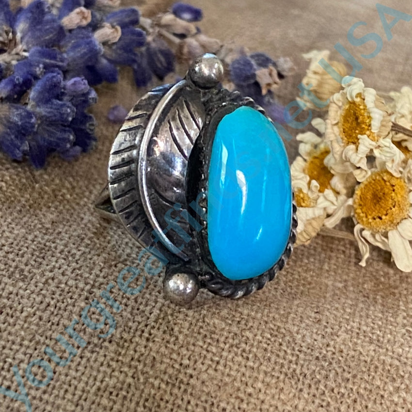 Navajo One Feather Ring Turquoise Sterling Silver 5