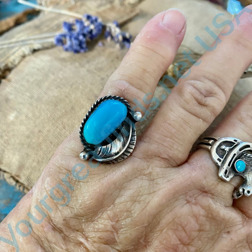 Navajo One Feather Ring Turquoise Sterling Silver 5