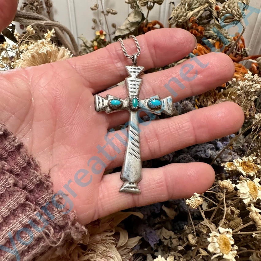 Navajo Sand Cast Sterling Silver Turquoise Cross Necklace