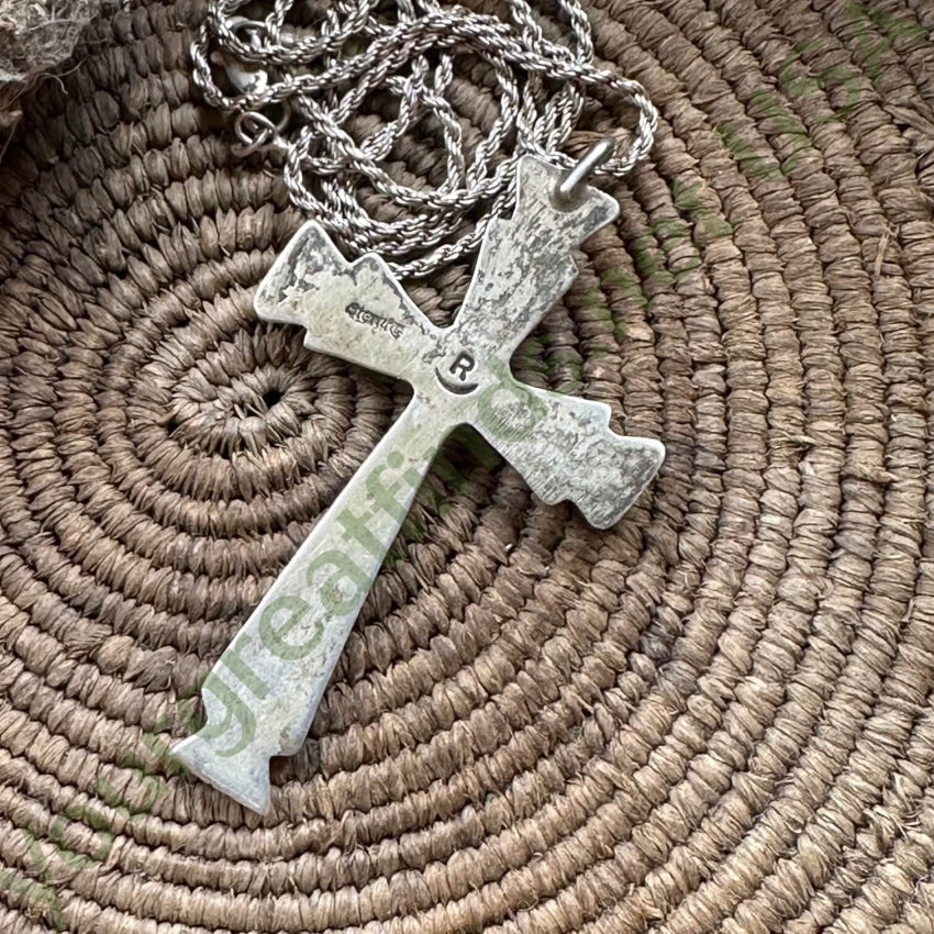 Navajo Sand Cast Sterling Silver Turquoise Cross Necklace