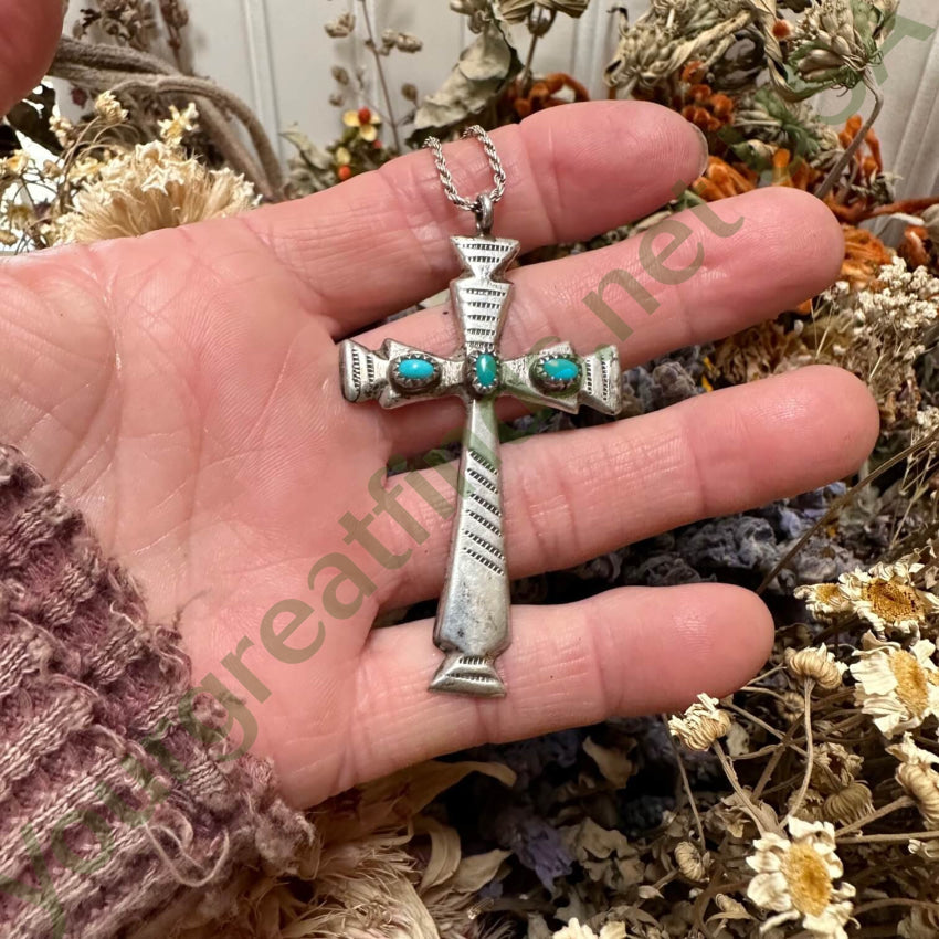 Navajo Sand Cast Sterling Silver Turquoise Cross Necklace