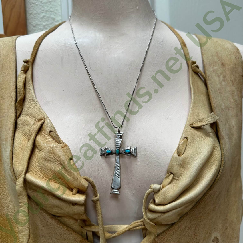 Navajo Sand Cast Sterling Silver Turquoise Cross Necklace