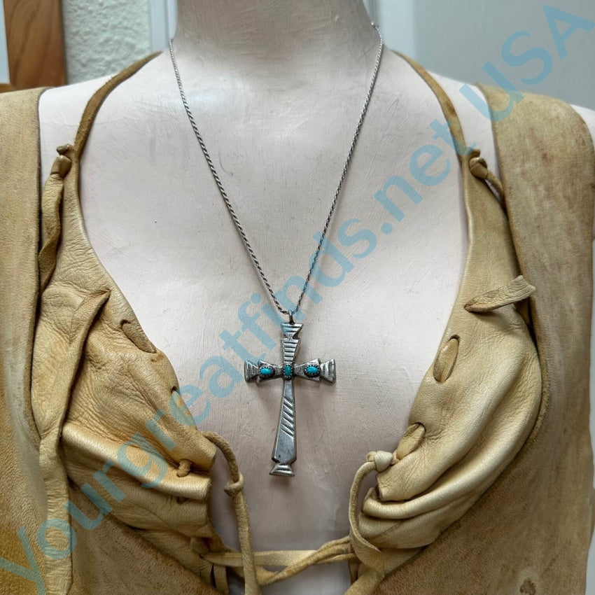 Navajo Sand Cast Sterling Silver Turquoise Cross Necklace