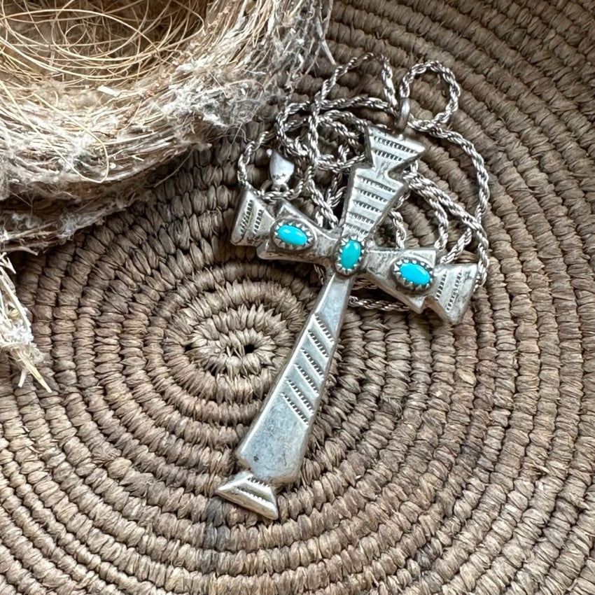 Navajo Sand Cast Sterling Silver Turquoise Cross Necklace