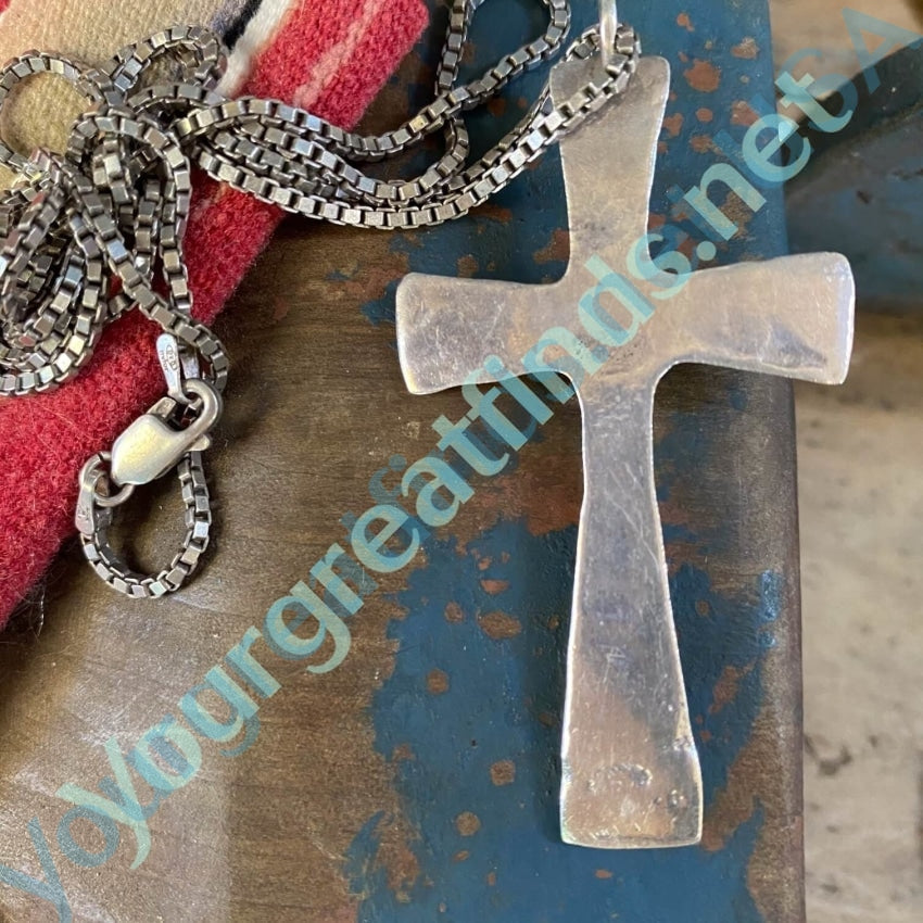 Navajo Sand Sterling Silver Cast Holy Cross with Turquoise Pendant and Chain Necklace Yourgreatfinds