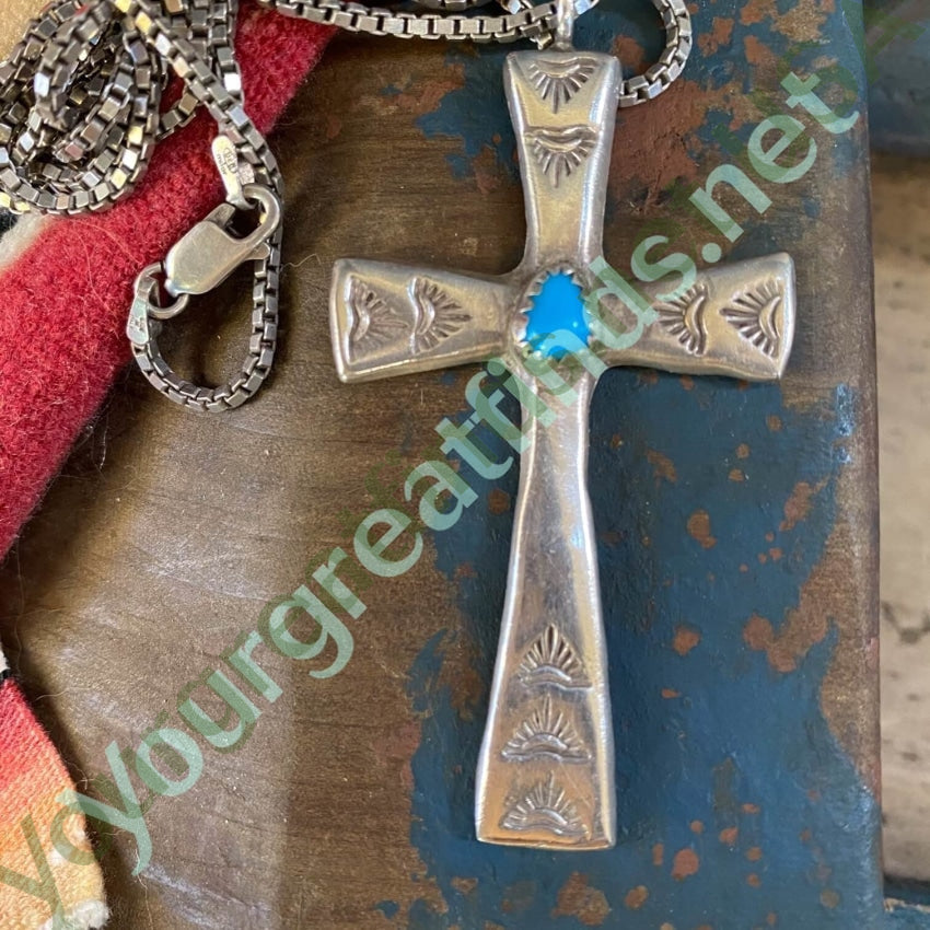 Navajo Sand Sterling Silver Cast Holy Cross with Turquoise Pendant and Chain Necklace Yourgreatfinds