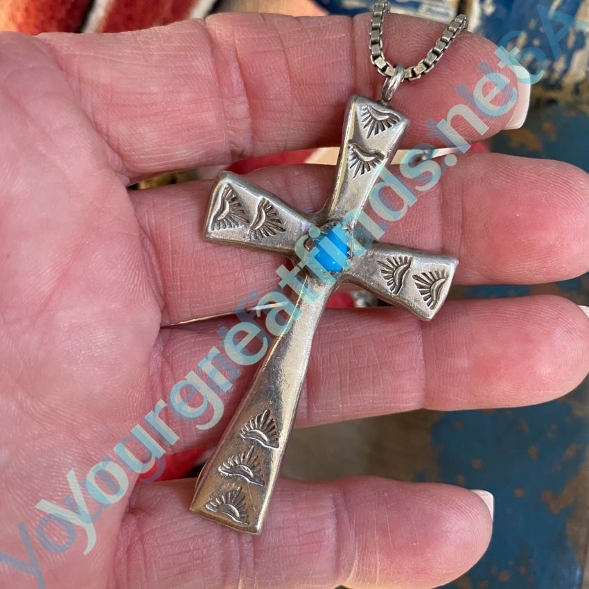 Navajo Sand Sterling Silver Cast Holy Cross with Turquoise Pendant and Chain Necklace Yourgreatfinds