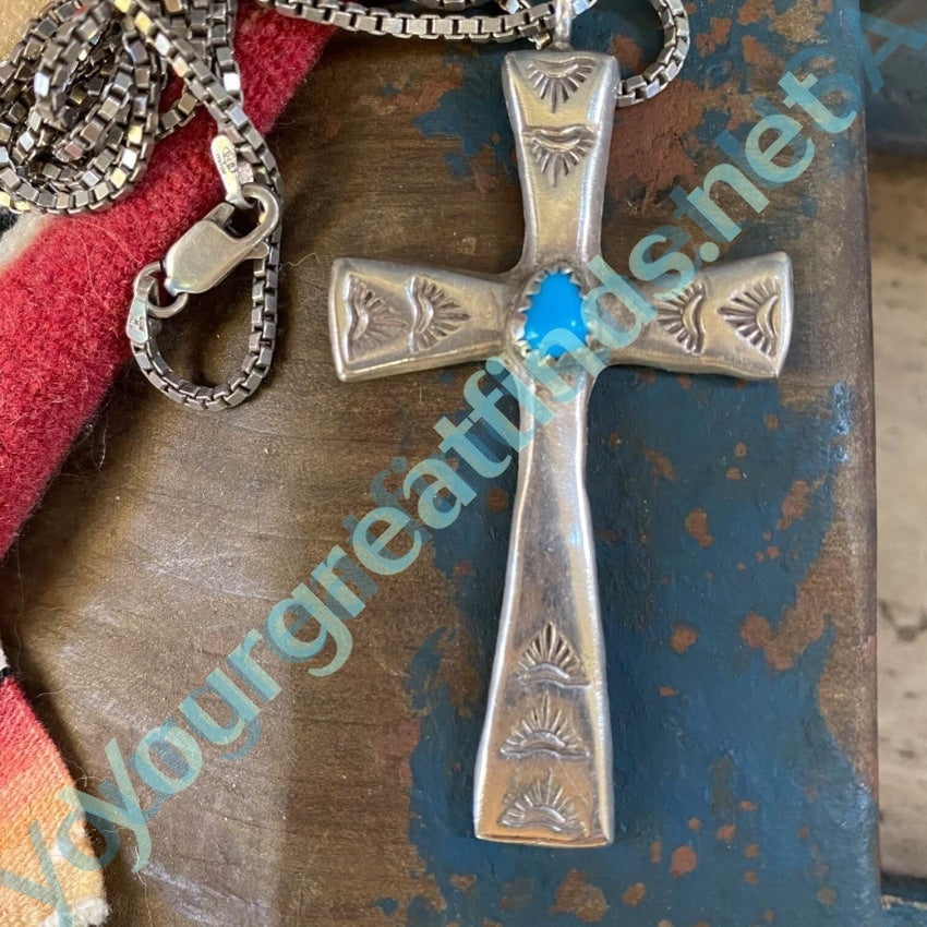 Navajo Sand Sterling Silver Cast Holy Cross with Turquoise Pendant and Chain Necklace Yourgreatfinds