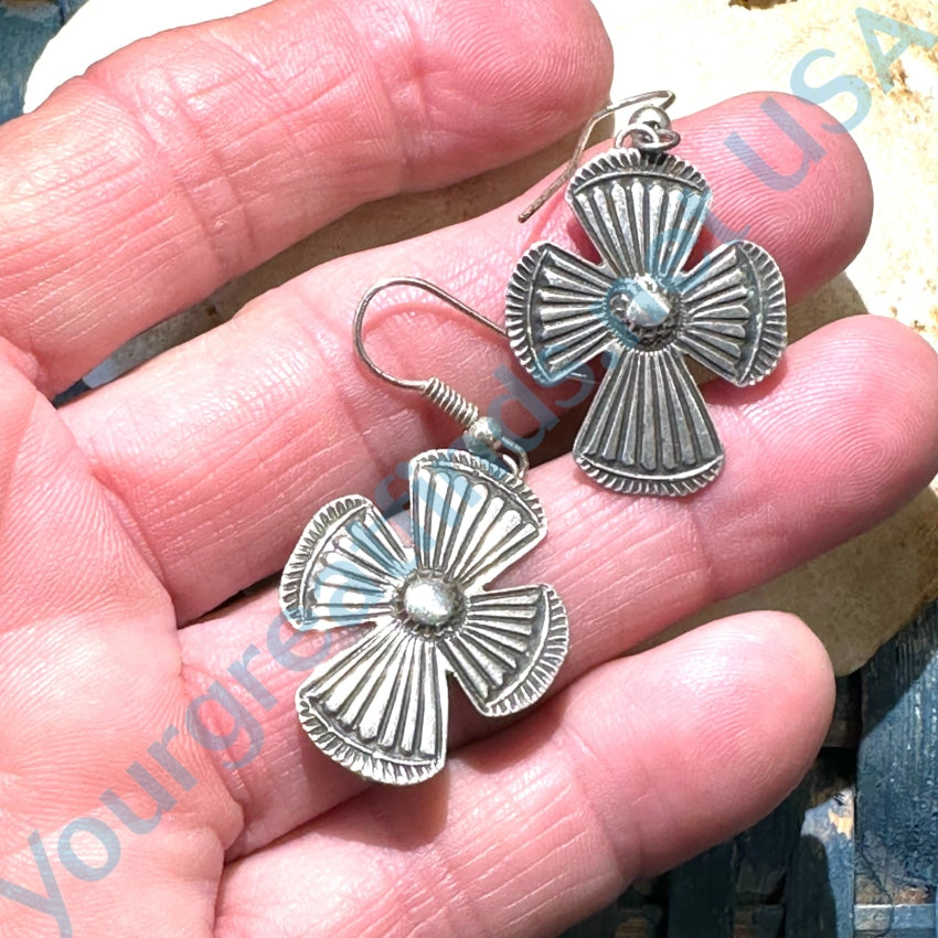 Navajo Stamped Sterling Silver Cross Pierced Earrings