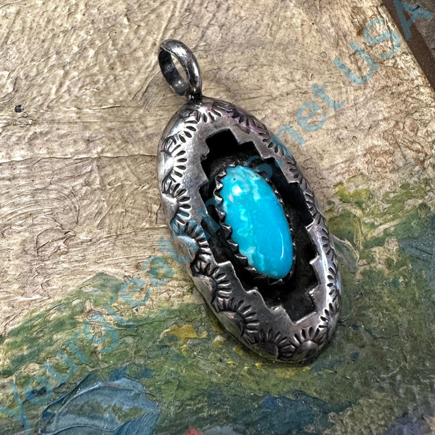 Navajo Stamped Sterling Silver Shadowbox Turquoise Pendant Pendant